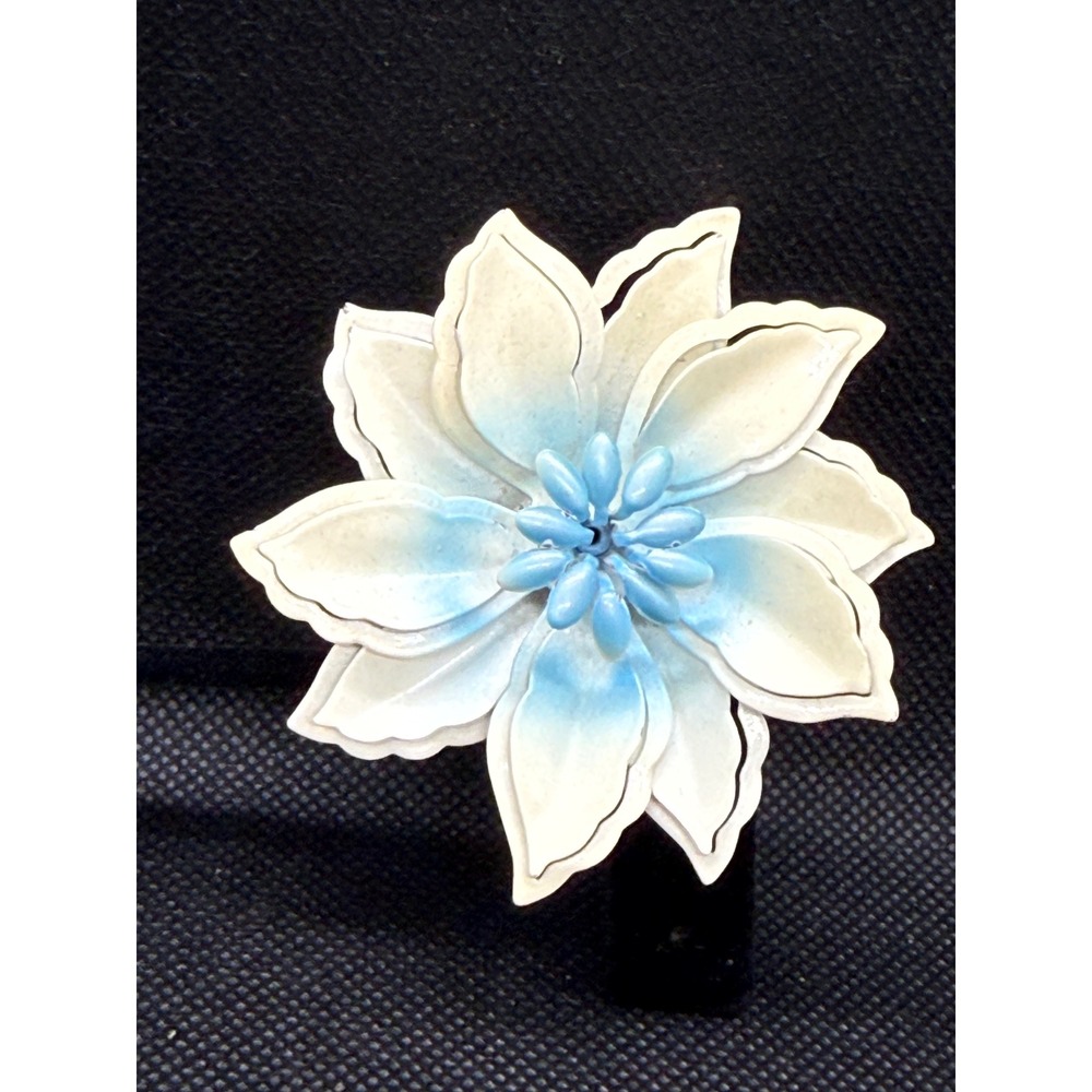 Vintage Cream and Blue Enamel Flower Brooch Layered Petal Floral Pin 2.75"